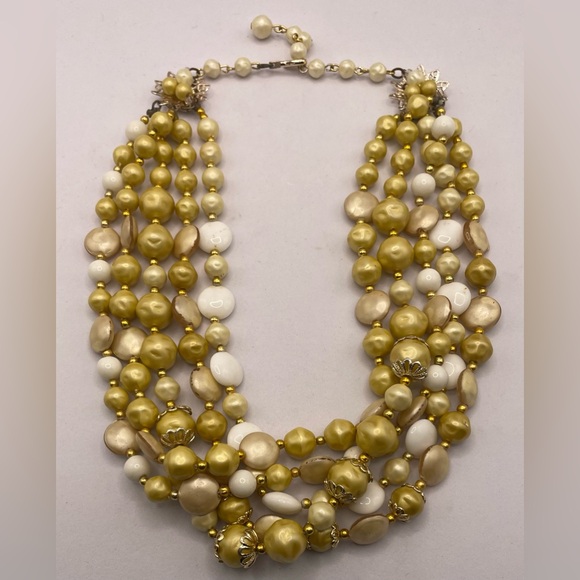 Vintage Signed Japan Multi Strand Beaded Necklace with Gold Tone Accents - Picture 11 of 12